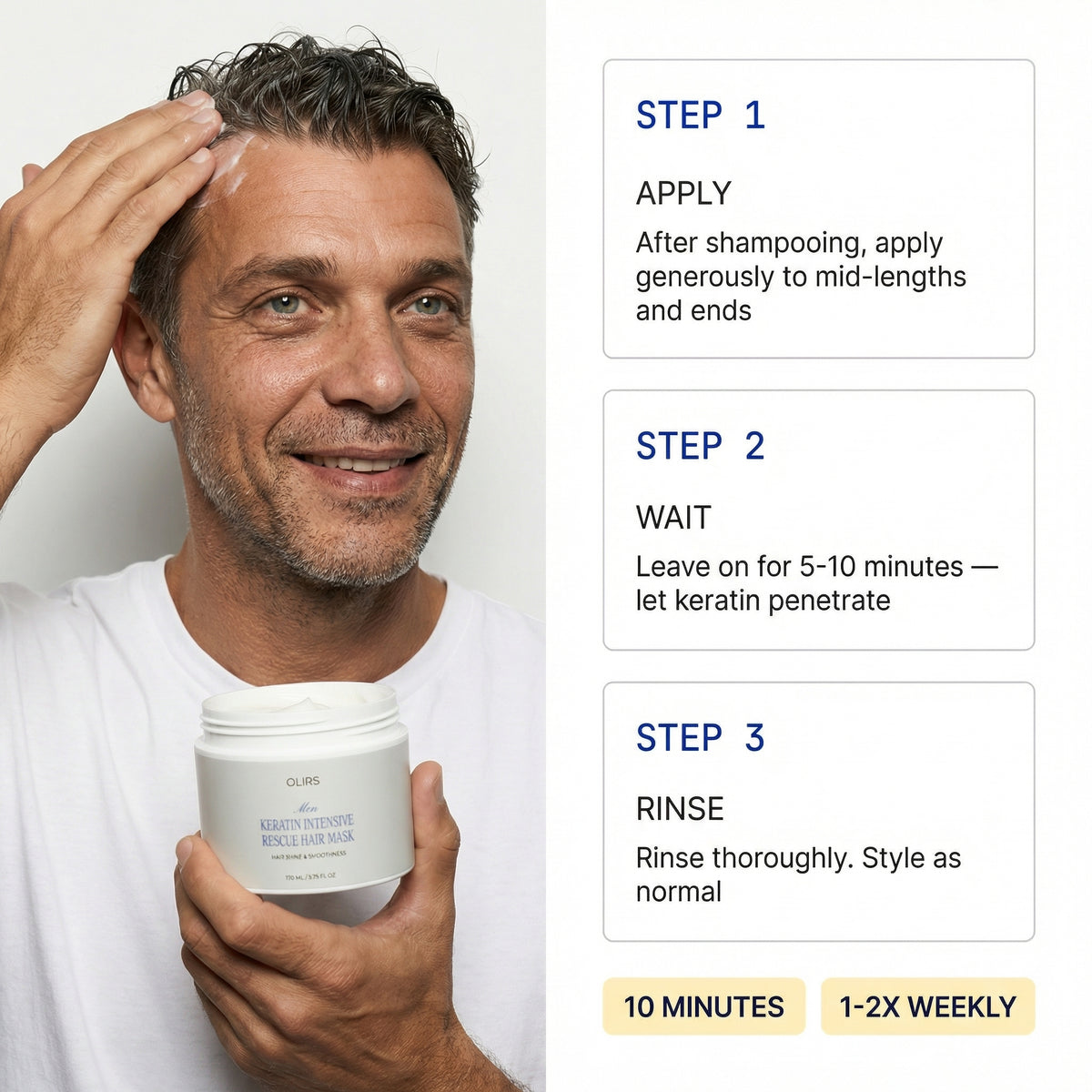 Man applying Keratin Rescue Hair Mask following steps for smooth, nourished hair and enhanced shine.