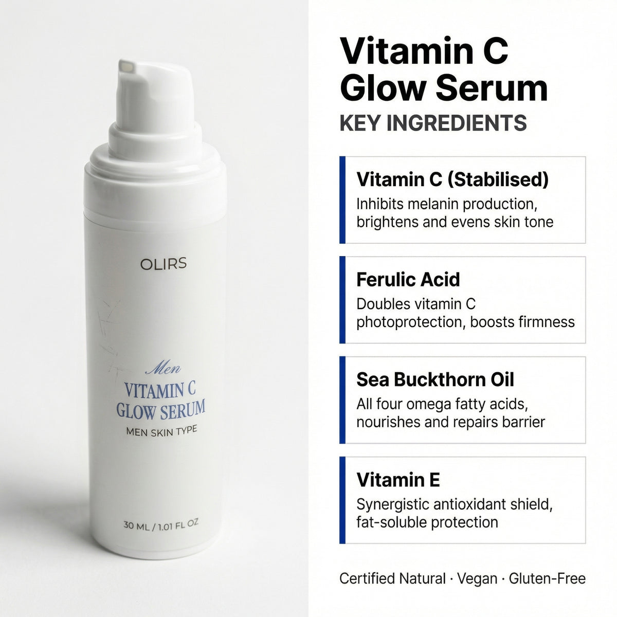 Vitamin C Glow Serum bottle with key ingredients listed for brighter, hydrated skin. Vegan and gluten-free product.